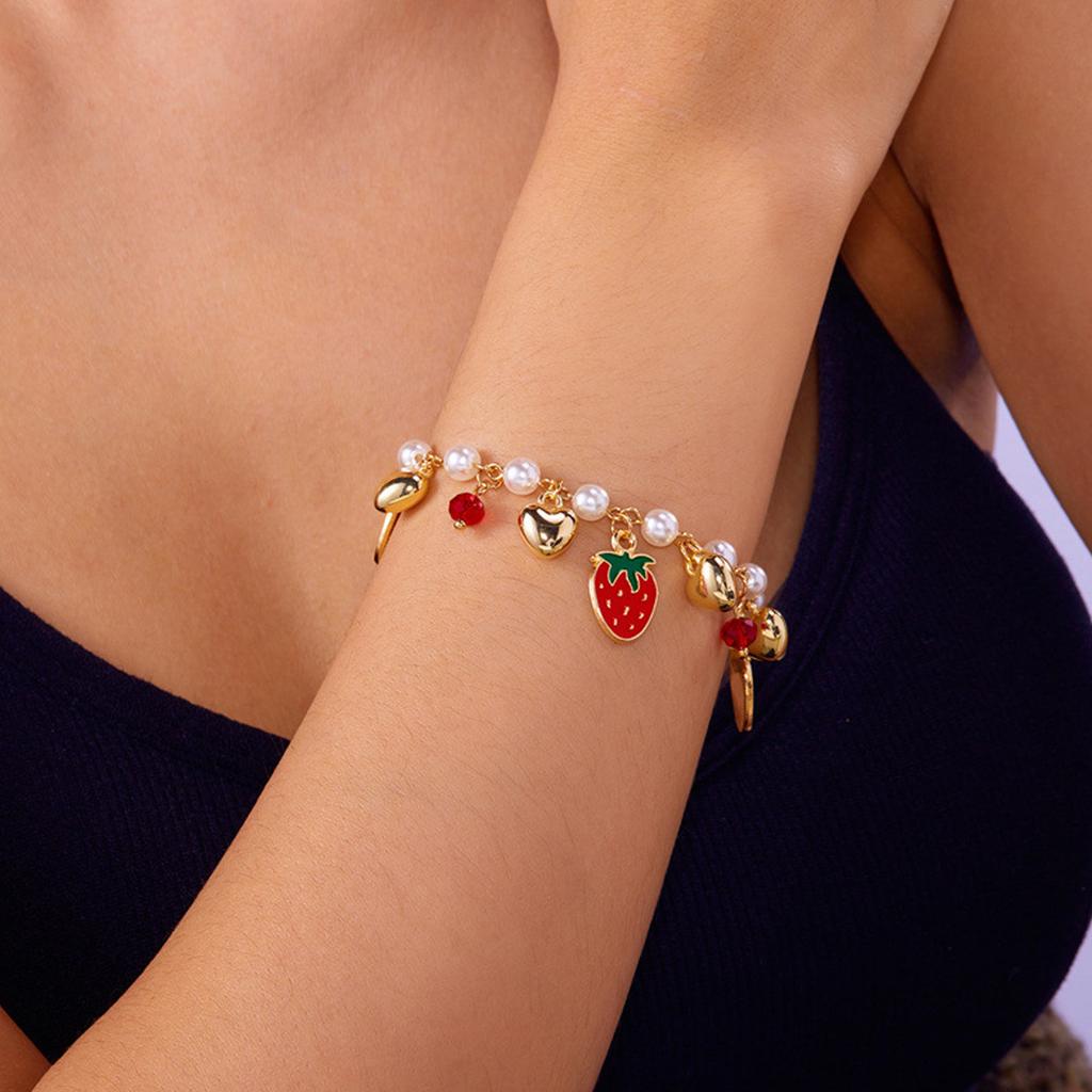 3D Strawberry Cherrys Heart Pearls Beaded Bracelet for Women Adjustable Lovely Vocation Fruit Jewelry Statement Pieces