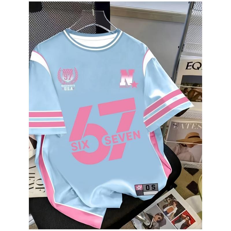 2026 Summer New Women Number 67 Personality American Casual Digital Print T Shirt Summer Women Beach Girl Short Sleeved Top