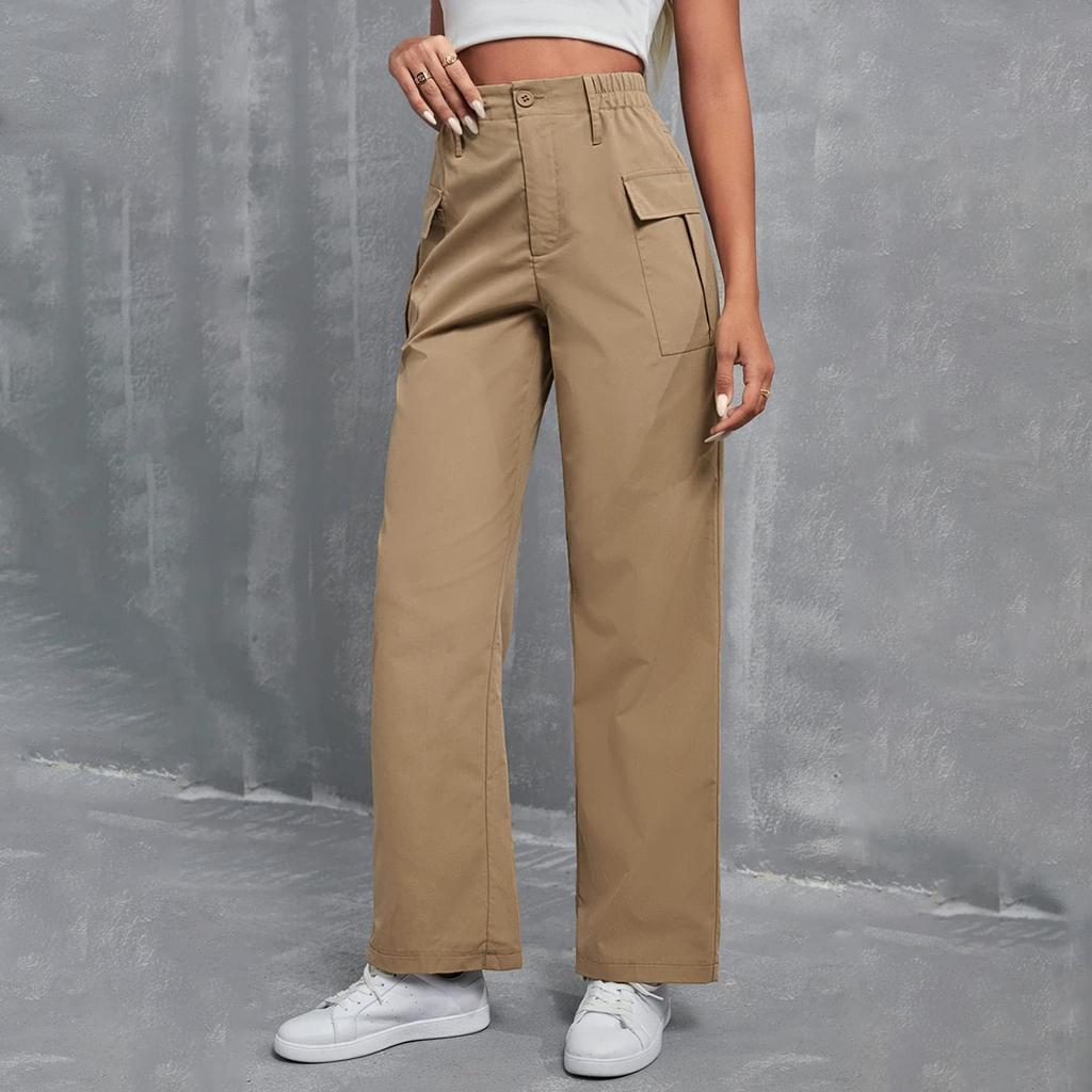 Ladies' Fashionable Solid Color Straight Leg Pants With High Waist Pockets Casual Pants