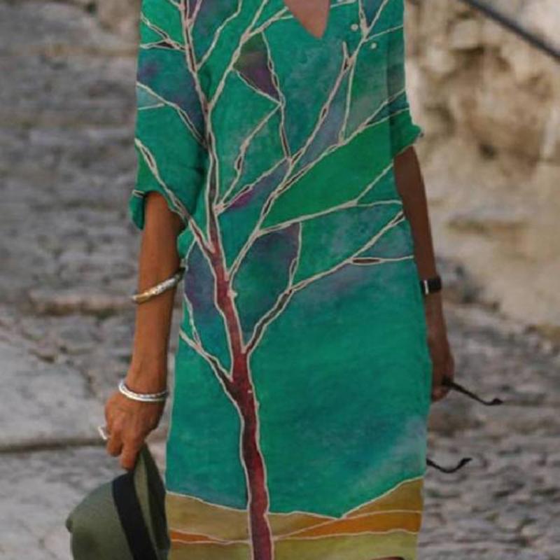 European Summer Leaf Print Rendered Fashion V-collar Mid-sleeve A-line Skirt Skirt