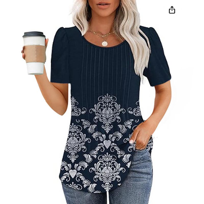 Neues plissee-Rundhals-Kurzarm-T-Shirt Damen-Oberteil Damenbekleidung