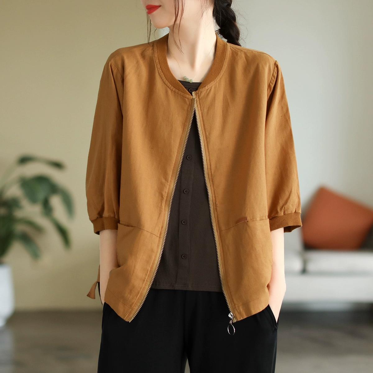 

DIMANAF 2025 Весеннее пальто большого размера Куртка женская льняная с длинным рукавом Карманы Модные топы Футболки Свободные футболки Новые One Size коричневый