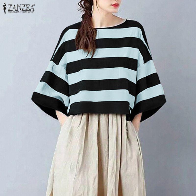 ZANZEA Dámská ležérní halenka s kulatým výstřihem a 3/4 rukávem s volným pruhem