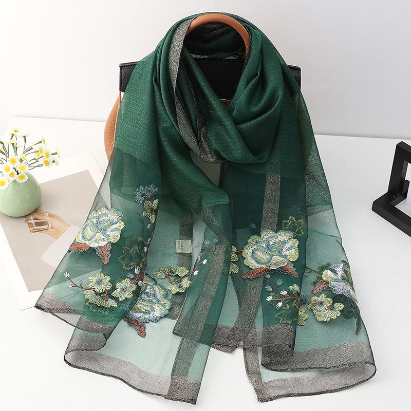 Four Season Silk Wool Scarf Women Hijab Pashmina Shawls Wrap Bandana Blanket Floral Pashmina Embroidery Scarves Foulard Femme