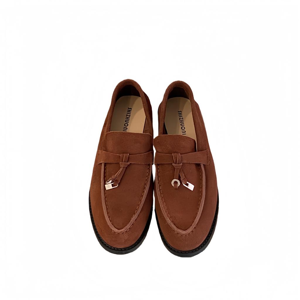 Korean version of round head metal buckle thick heel deep mouth single shoes women's 2025 new spring and autumn suede versatile loafers