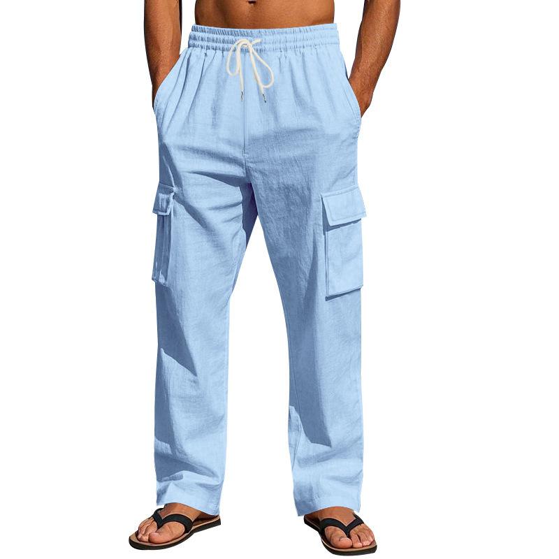 Men's new four seasons thin section breathable workwear multi-pocket loose casual trend wide-leg trousers