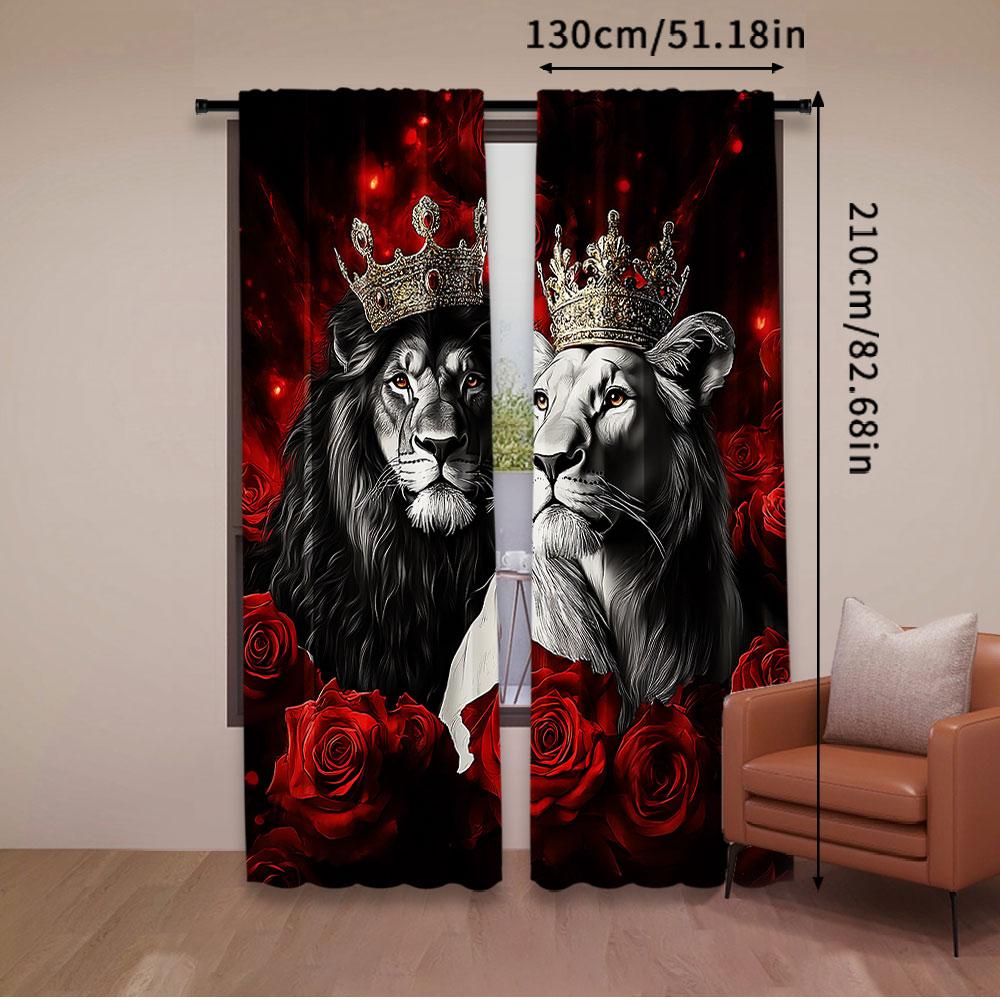 2Pcs Couple Curtain Red Rose Floral For Lover King And Queen Crown Valentine'S Day For Bedroom Living Room And Dining Room B