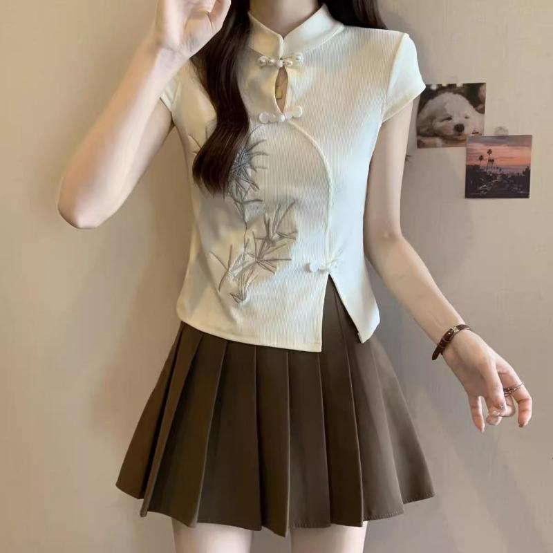 Top da donna in bambù ricamato stile qipao manica corta colletto alla mandarino spacco laterale casual aderente maglia blusa