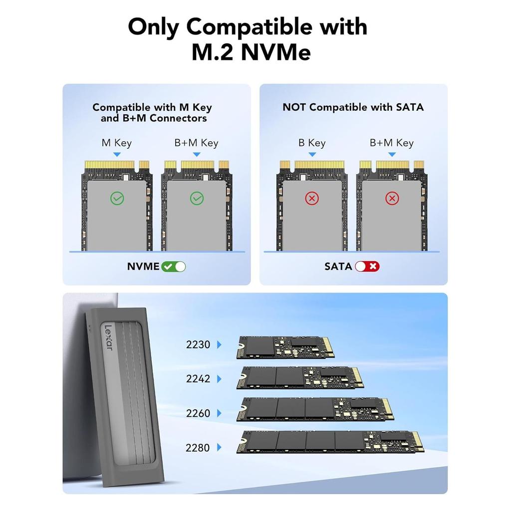 Lexar M.2 NVMe SSD Gehäuse 10Gbps USB 3.2 Gen 2 Typ-C Externes Festplattengehäuse SSD-Leser, Mobile Solid State Disk Box, Unterstützt NVMe SSD bis zu 4TB