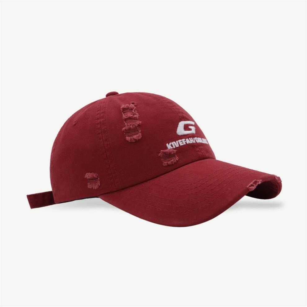 (One Size, Red) Men Women Baseball Cap Stylish Letter Embroidery Ripped Adjustable Wide Brim Sun Hat