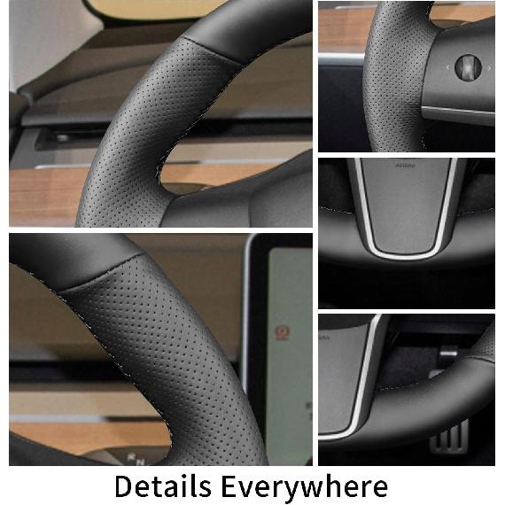 Hand Sewn Steering Wheel Cover,Fit For Tesla Model 3 2017-/Model Y -,Non-Slip Breathable Microfiber Leather Steering Wheel Cover On Wrap Car Interior