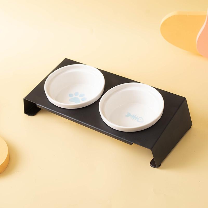 Cartoon Pet Dog Cat Bowl Ceramic Bowl Iron Frame Table Into A Kitten Skid Resistant Double Bowl Small Dog Food Feeder