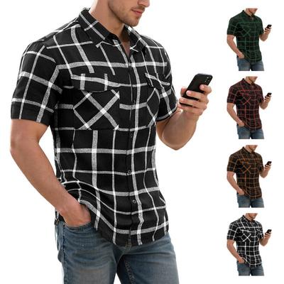 Vintage Plaid Striped Printed Mens Shirts Short Sleeve Turn-down Collar Button-up Shirt for Men Daily Leisure Slim Fit Shirt Top