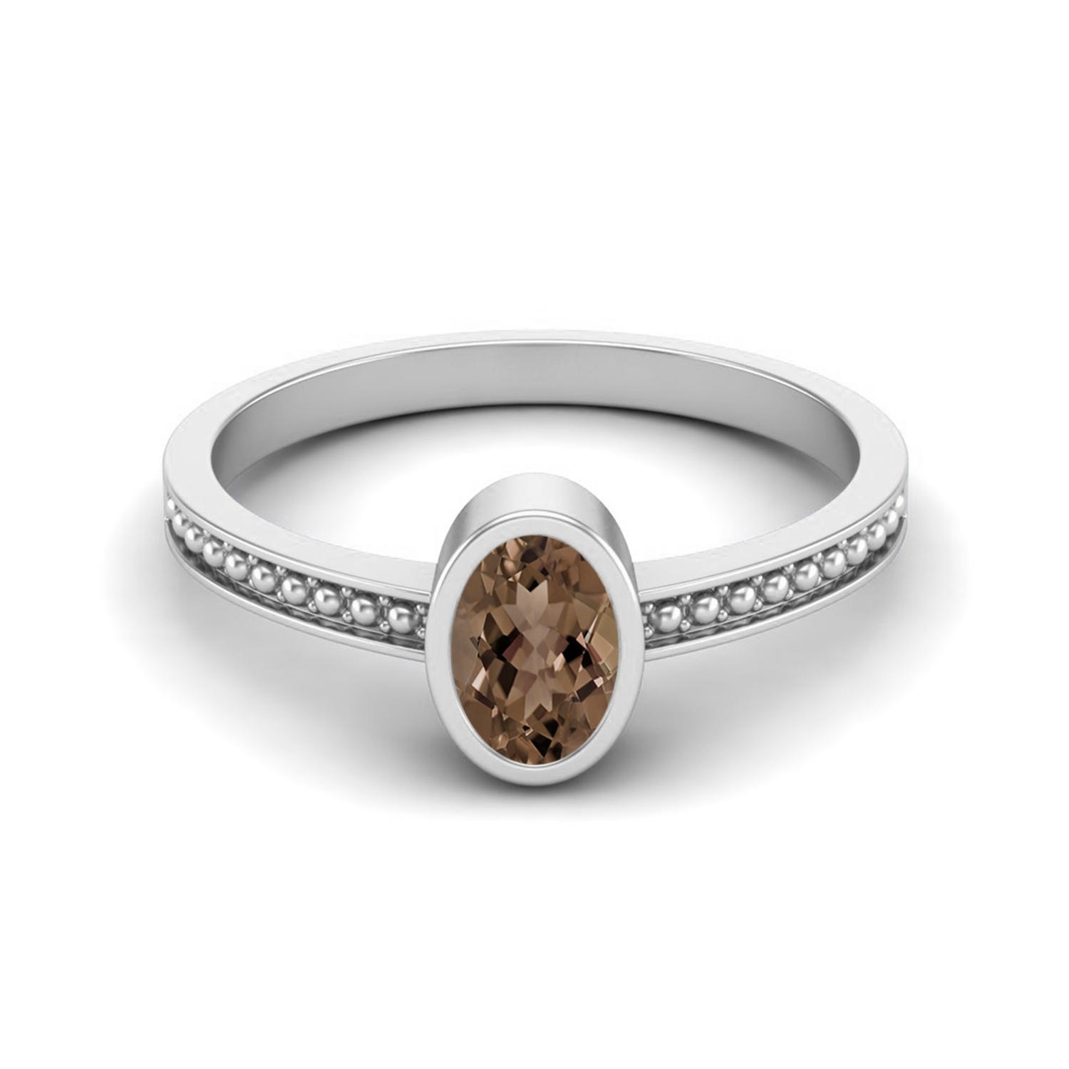 6X4mm Oval Smoky Quartz 925 Sterling Silver Beaded Shank Women Wedding Ring 7