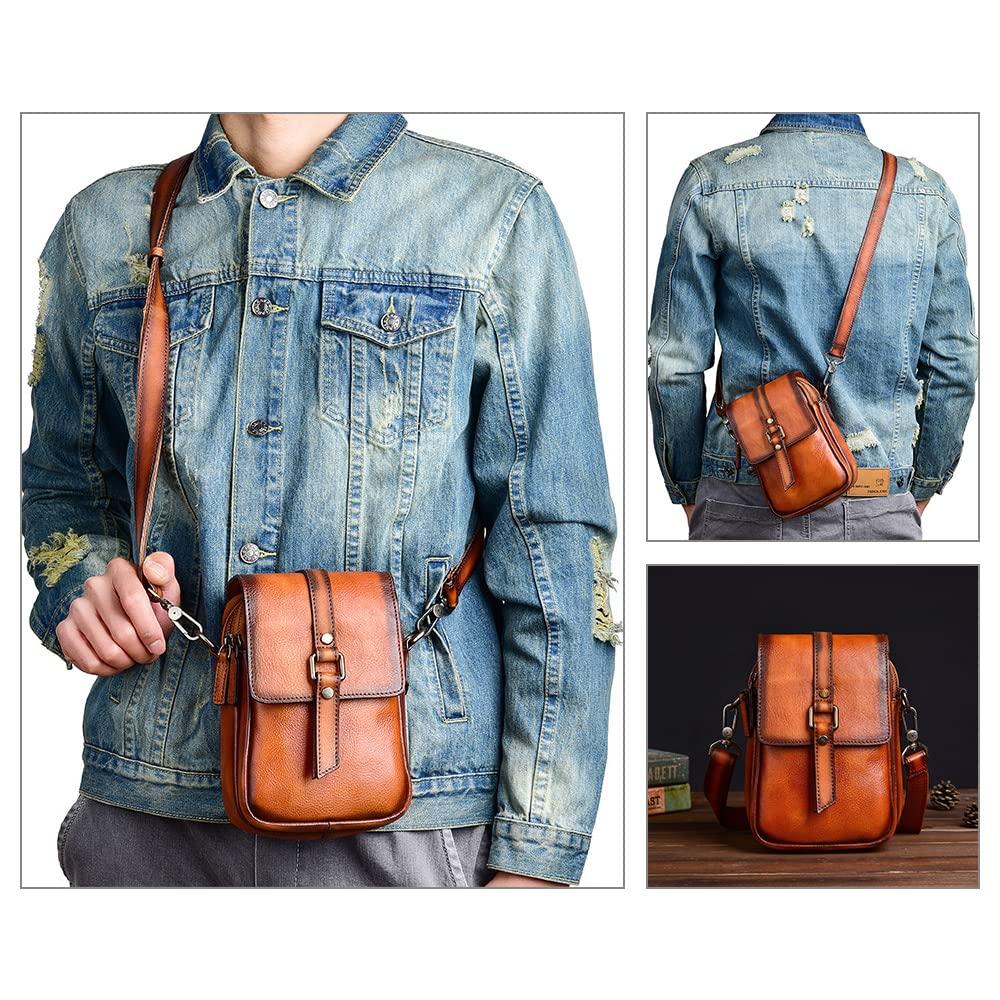 Whatna Antique-Style Tanned Natural Cowhide Leather Mini Shoulder Bag for Men, Small Messenger Bag, Shoulder Pouch, Vertical Design, Fits iPad Mini,