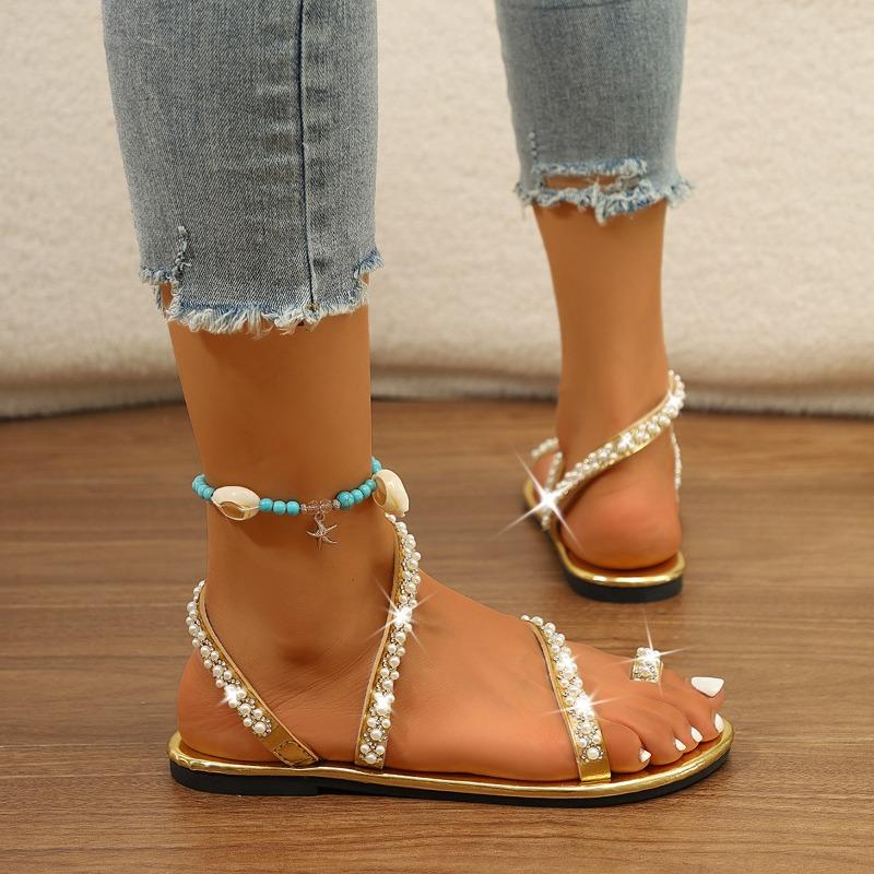 2025 New Summer Women Flat Sandals Pearl Decoration Sandals  Flat Beach Sand Holiday Shoes for Women Sandalias De Mujer