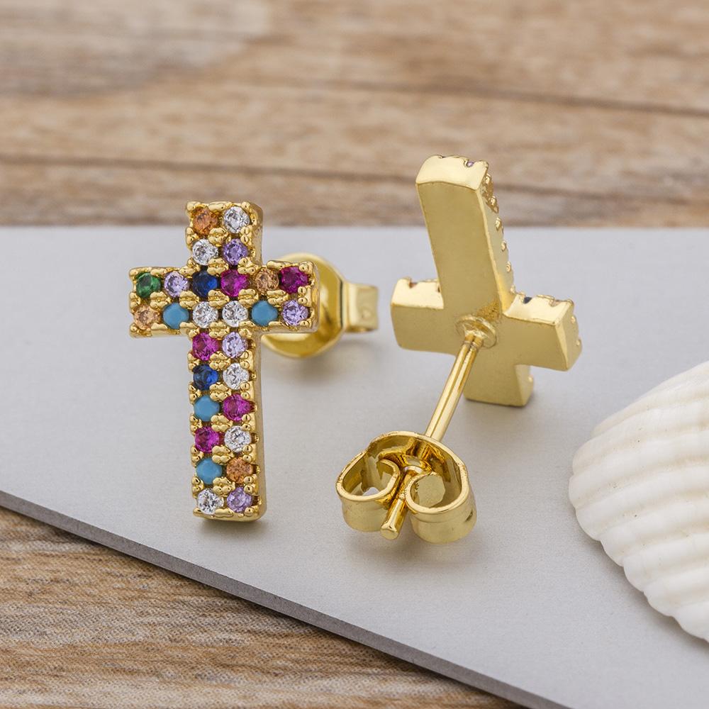 Top Quality Rainbow Cross Stud Earrings Gold Color Micro Pave CZ Delicate Fashion Women Girls Fine Party Jewelry Gift