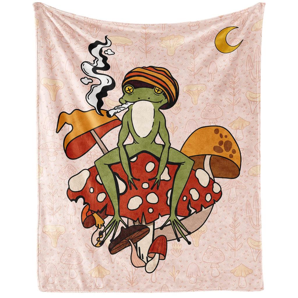Cartoon Frog Mushroom Blanket Lovey Green Animal Flannel Throw Blankets for All Season Botanical Plush Soft Bed Sofa Blanket