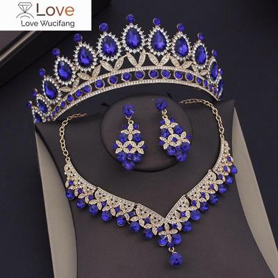 Barok Blauw Kristal Bruids Sieraden Sets voor Vrouwen Tiara's Kroon Oorbellen Ketting Sets Bruid Bruiloft Jurk Dubai Sieraden Set