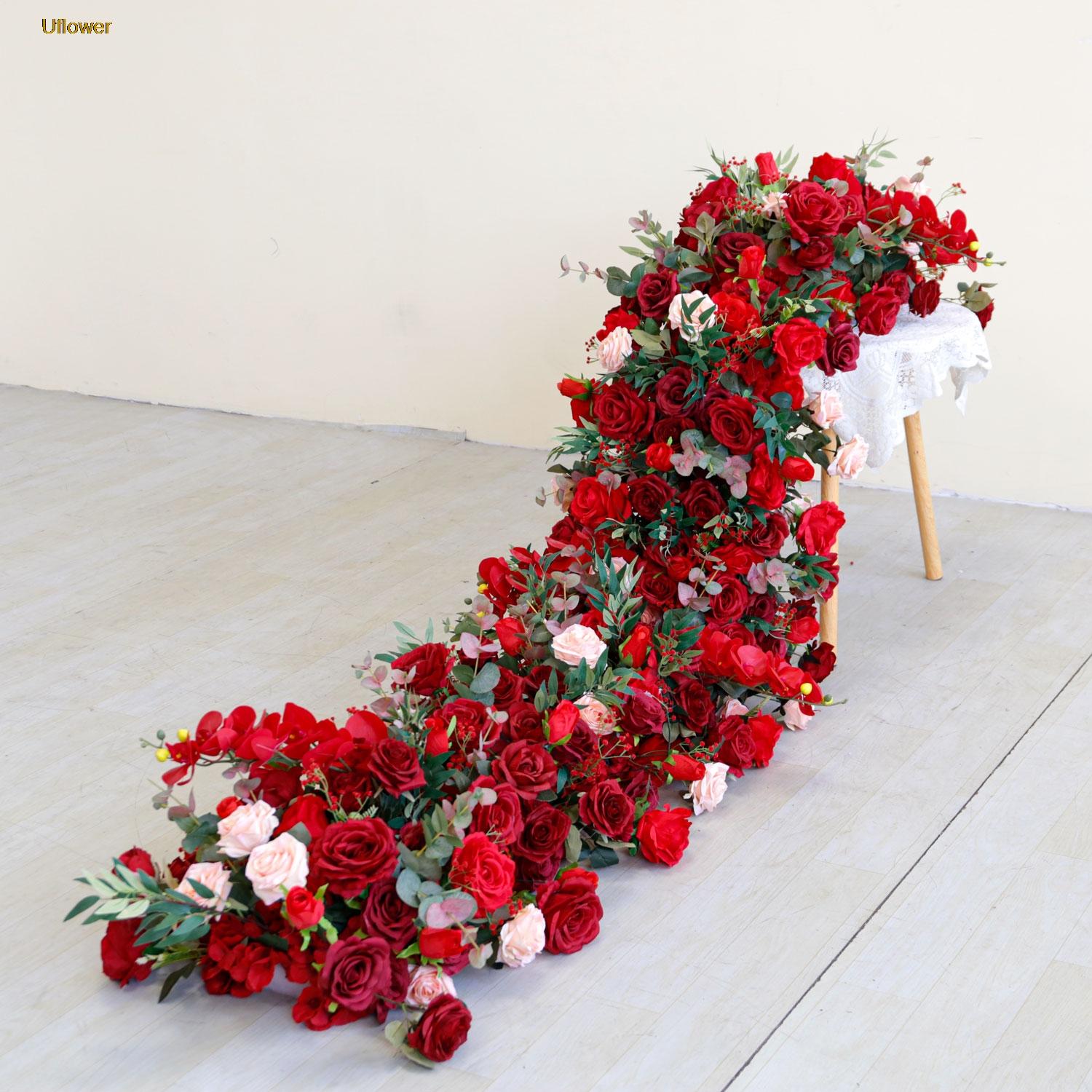 

Uflower Artificial Red Rose with Green Leaves Silk Flower Runner for Wedding Table Centerpiece Floral Arrangement Home Decor 100x30cm