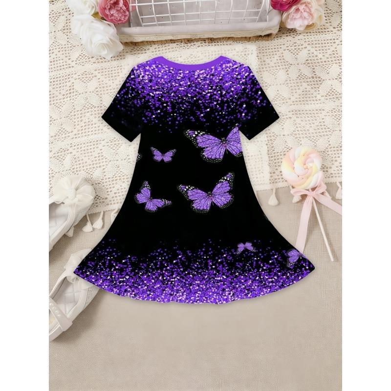 Girls' Casual Unicorn Short-Sleeve Dress Featuring Trendy Butterfly And Flower Prints