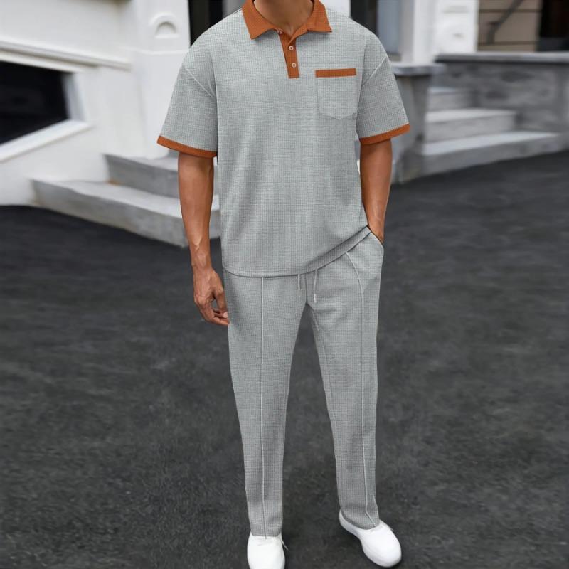 

Elastic Waist Trousers Two-piece Casual Set Men s New Lapel Color Blocking Pocket S серый