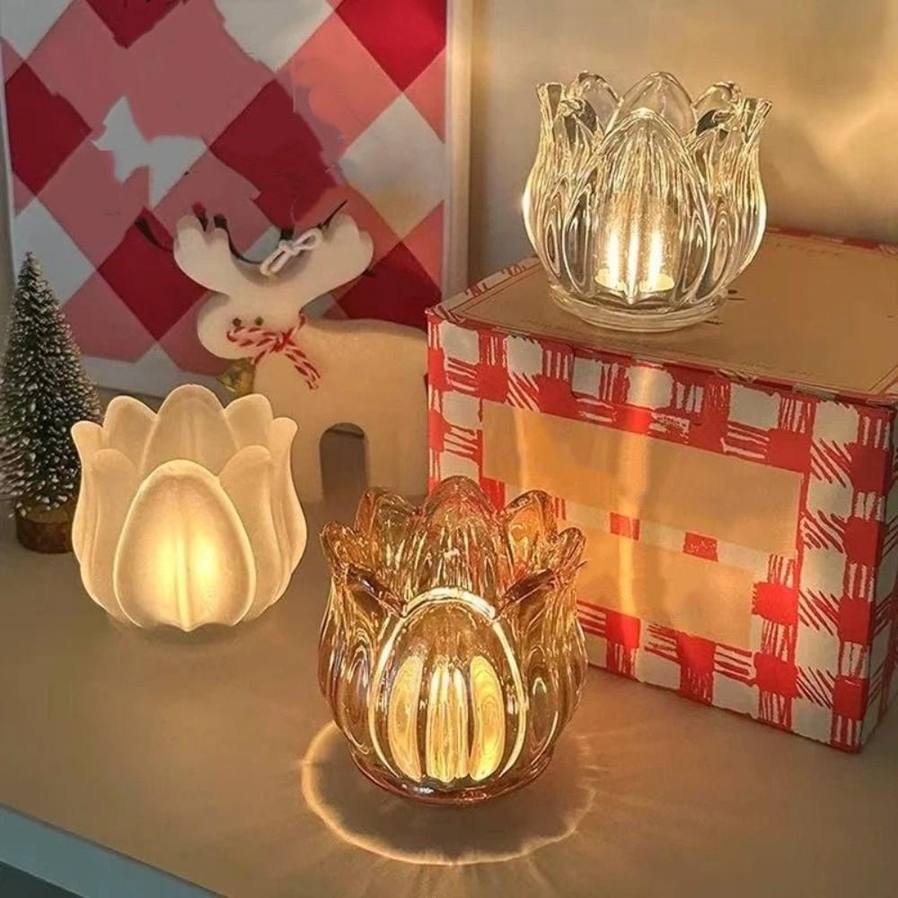 2PCS Creative Vintage Tulip Shaped Candle Holder Romantic Mini Glass Candle Holder Ornament Clear Candlestick Holder Living Room
