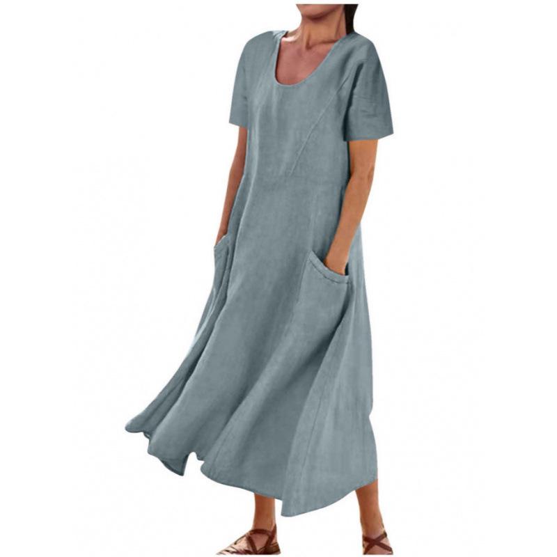 Women's Solid Color Round Neck Short Sleeve Loose Hem Dress