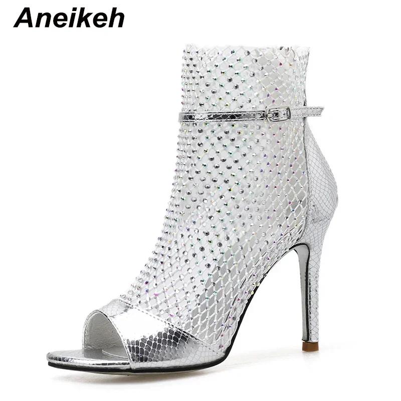 

Fashion Aneikeh Fashion Spring Gold Glitter Rhinestone Mesh Ankle Sandals Boots High Heels Sexy Booties Peep-toe Pumps Lady Party Shoes 35 серебряный