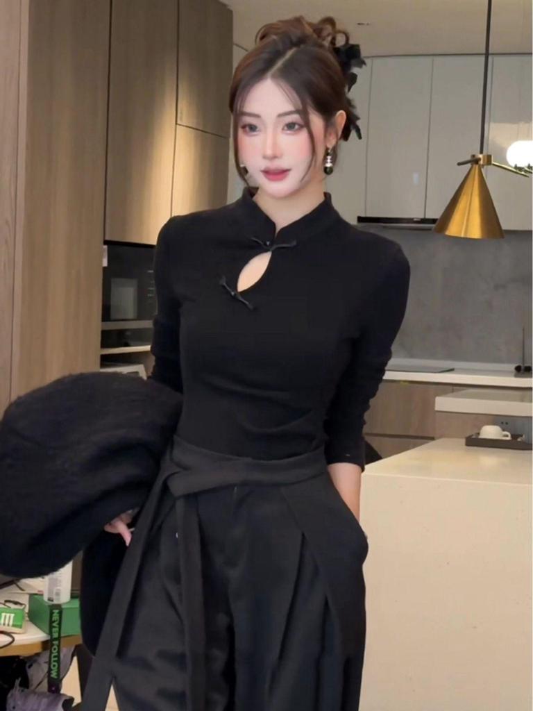 Spring 2026 Women's Chinese Qipao Style Slim Fit T-shirt with Frog Buttons & Stand Collar