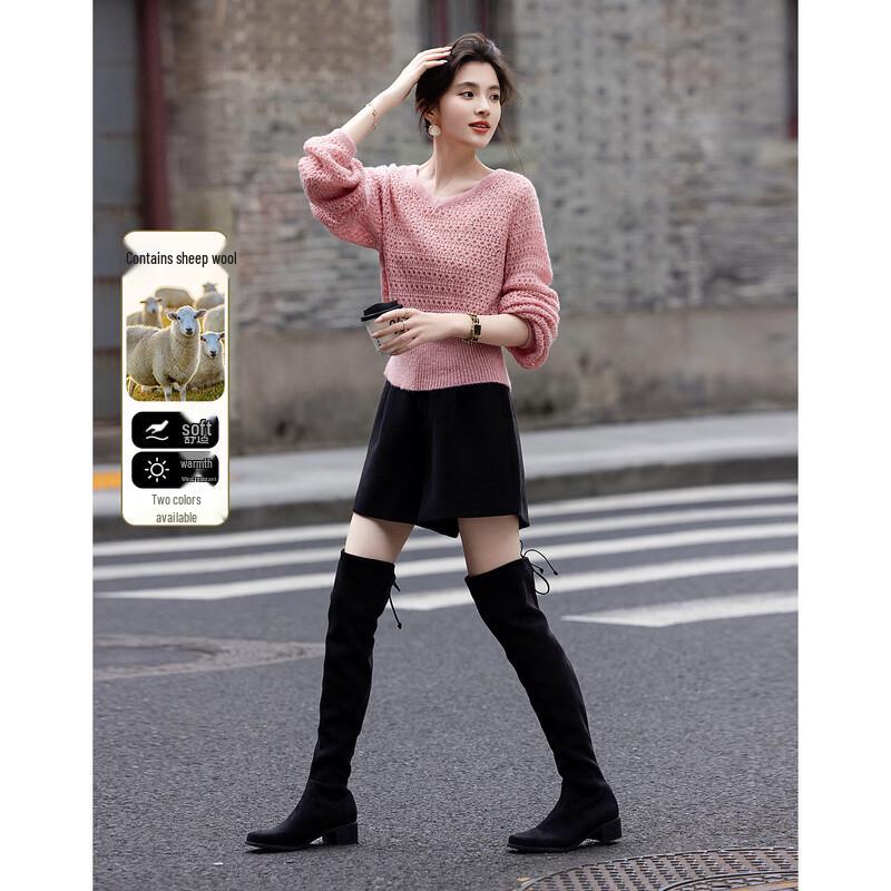 Demana Women s Wool Blend Spring V-Neck Openwork Knit Top L