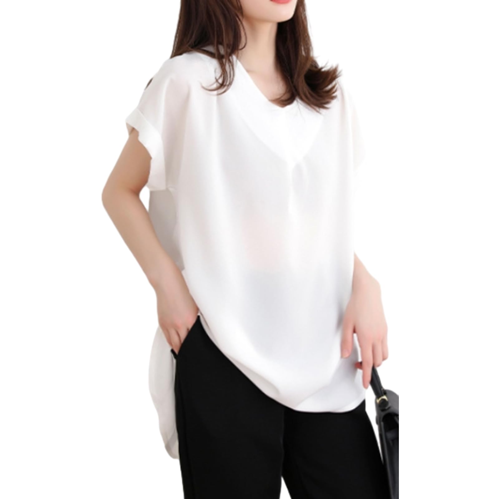 

шифоновая короткая длинная большая осенняя [ORWZDCO] Женская блузка, рубашка, топ с V-образным вырезом, рукава, плиссировка, комбинированная, однотонная, длина, модная, размер, свободная, белый