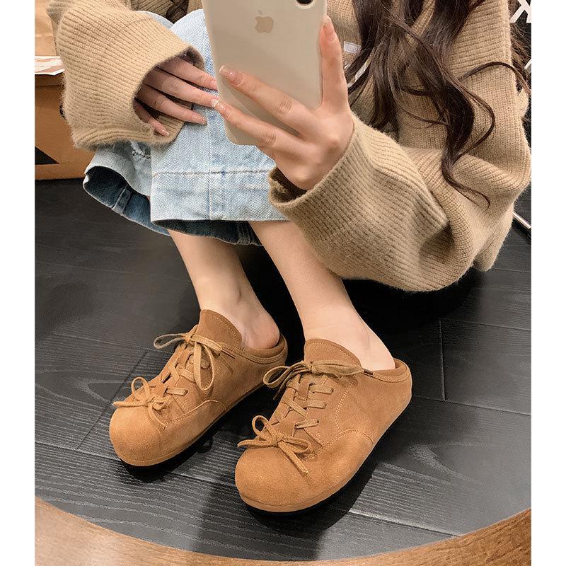 

2025 Осень Ретро Коровья замша Круглый носок Бант Балетки 37