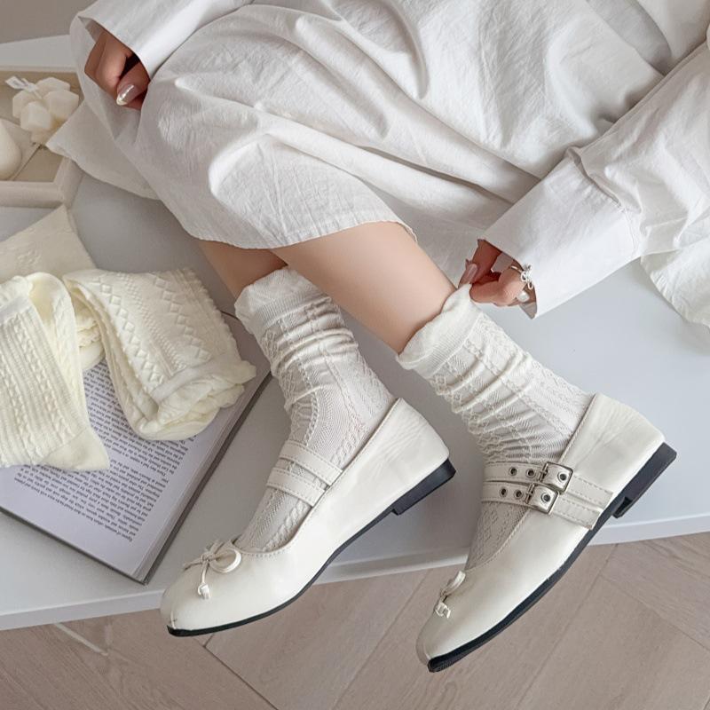 Girls' Lace Cotton Mid-Calf Socks: Summer Thin, Breathable, Ballet Style, Slouch Design.