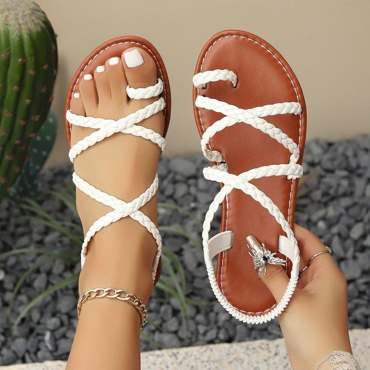 New 2026 Women s Flat Bottom Roman Cross Woven Sandals Comfortable Rubber Sole Breathable PU Upper Slingbacks Shoes 36 белый 1460₽