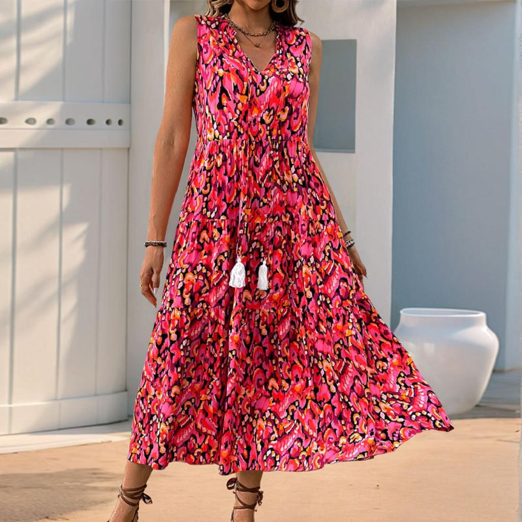 New European American Style Abstract Print Midi Dress, Summer Beach Vacation Casual Dress for Women
