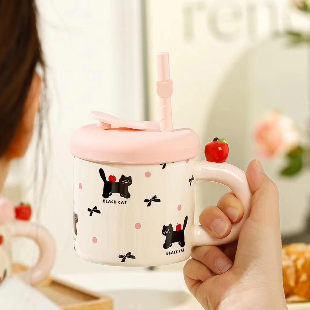 Summer Straw Cup Cute Cat Mug Water Cup with Lid Ceramic Cup Girl Couple Birthday Gift Souvenir