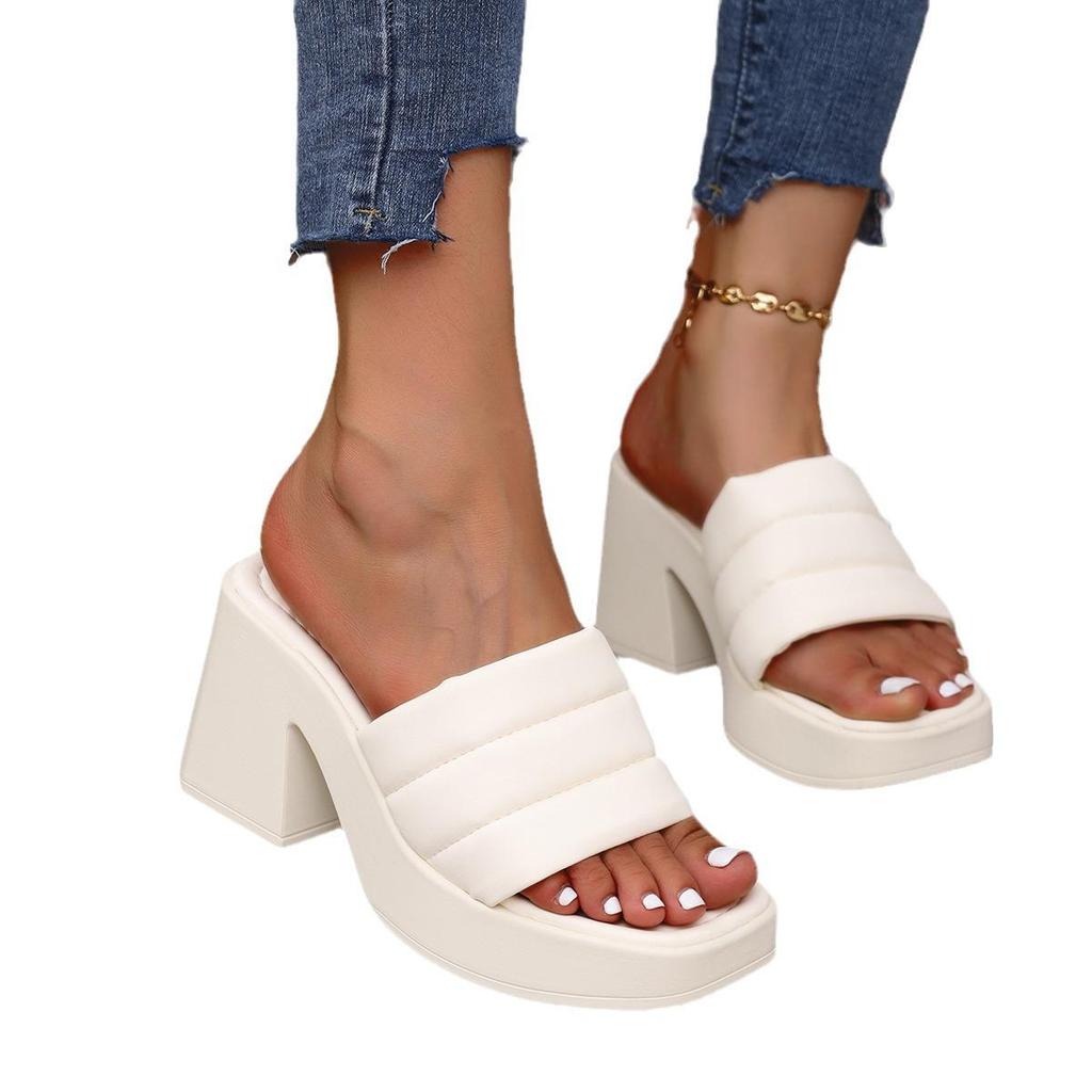 European-American Thick-Sole Chunky Heel Square Toe Sandals - Women's Summer High-Heeled Wide-Strap Slippers