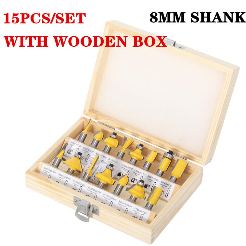 15 bucăți freză dreptă de tăiat pentru bucăți din lemn de tăiere din carbură de tungsten pentru prelucrarea lemnului Set de freză de 1/4 inch 8 mm