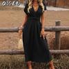 Fashion Summer Spring Solid Color Print Short Sleeve V-Neck Casual Dresses