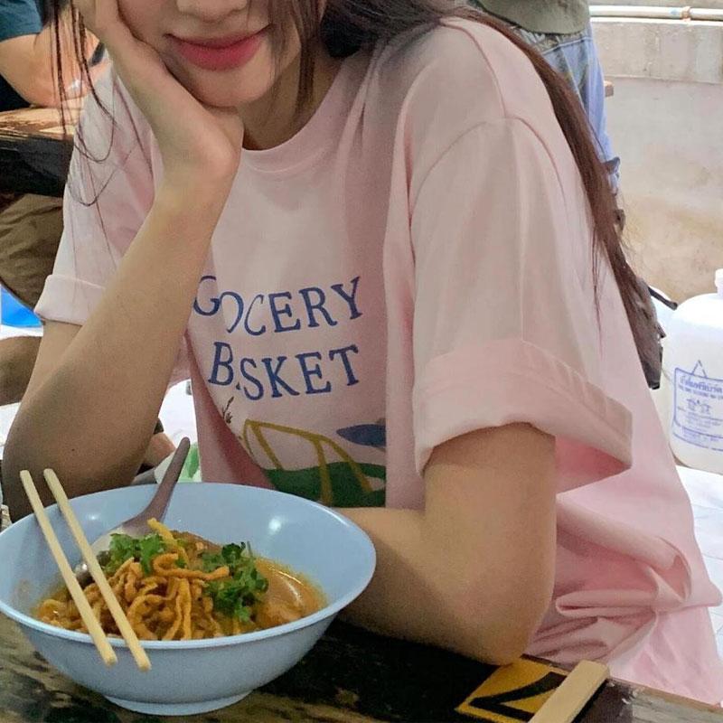 

Women s Pink Grocery Basket Graphic Print Short Sleeve Crew Neck Loose Fit Casual T-Shirt M розовый