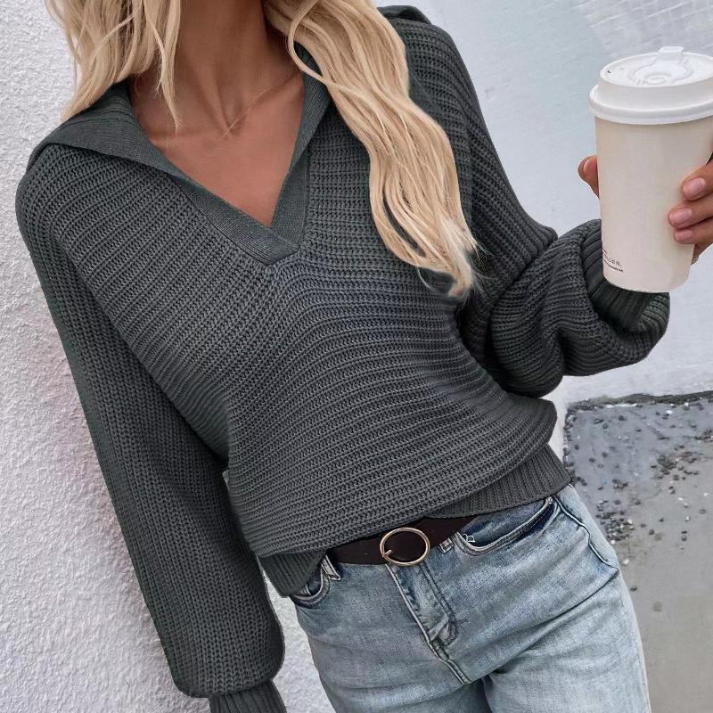 IHUASU Podzimní a zimní rukáv Volný Jednobarevný Svetr s dlouhým rukávem Dámský svetr s výstřihem do V