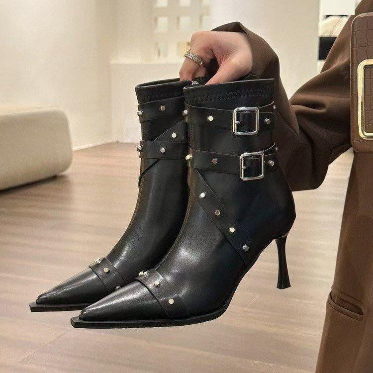 Rivet belt buckle pointed high-heeled short boots women's 2025 autumn new fashionable versatile soft leather single boots