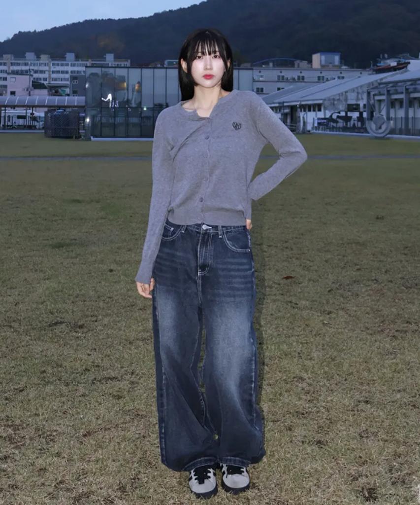 CHICKS Mvk Heart Stitch Mini V-Neck Knit Gray