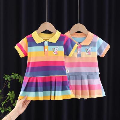 Vestido de verão estiloso para meninas pequenas (1-3 anos) - Lapela listrada, manga curta, saia plissada
