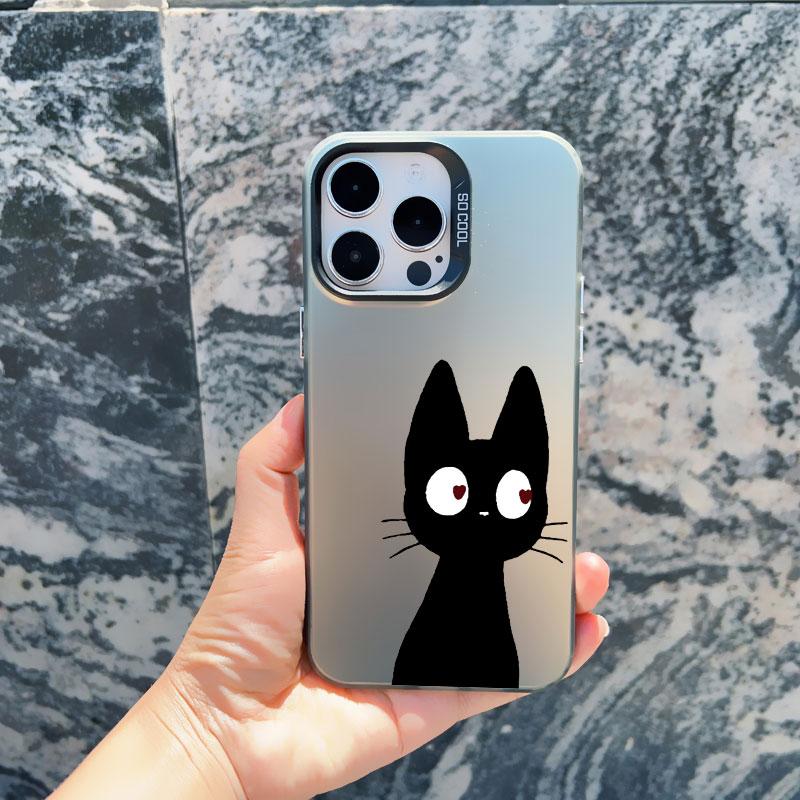 Coque de téléphone Mignonne Dessin Animé Chat Noir Pour iPhone 16 15 Pro Max Plus 14 13 12 11 Pro Max 13 Mini Anti-Choc Couverture Arrière Laser Funda