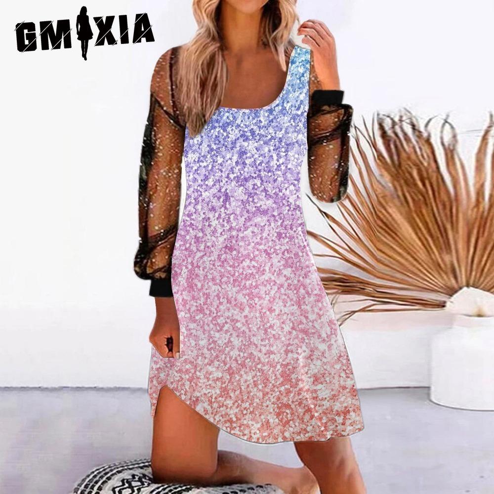 GMXIA Women's Fashion Spring Autumn Solid Color Print Long Sleeve U-Neck High Waist Casual Dresses