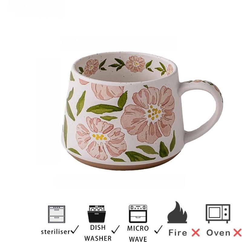 Stor keramisk kaffemugg 360ml, Söt kopp för kvinnor, Idealisk för te eller kaffe, Handmålad blommig design keramikmugg, 1 st