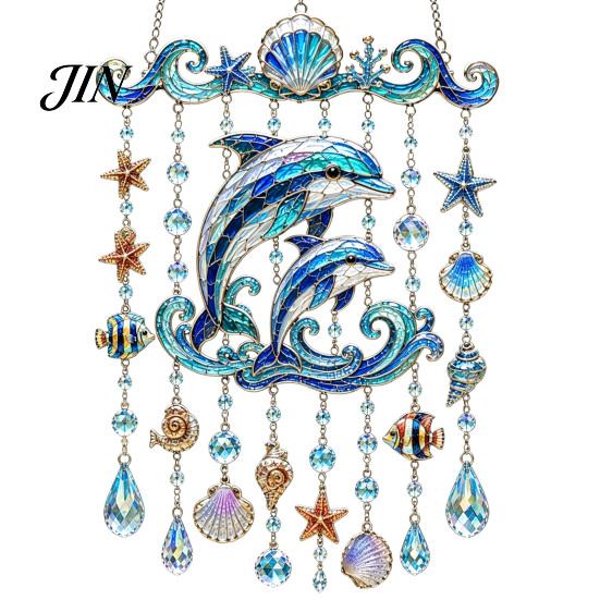 Tiffany-Glas-Stil Ornament Meeresbewohner Acryl-Fensteraufhänger, Buntglas Meeresschildkröte Wal Delfin Suncatcher Kristallperlen-Aufhänger mit Perlen