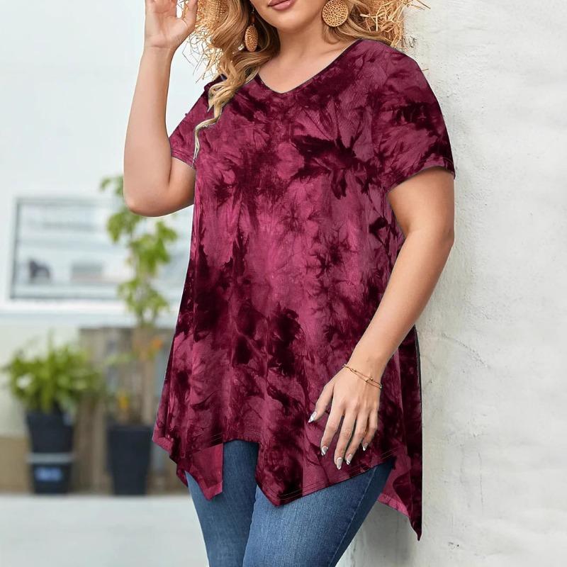 Plus-size Fashion Women's Tie-dye V-neck Hem Irregular Short-sleeved Loose Top